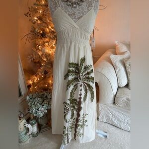 NWOT Japna Cream Maxi Dress with Green Palm Design